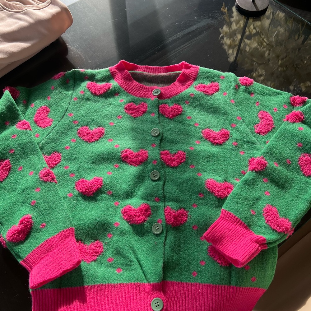 SHEIN Green and Pink Heart Cardigan